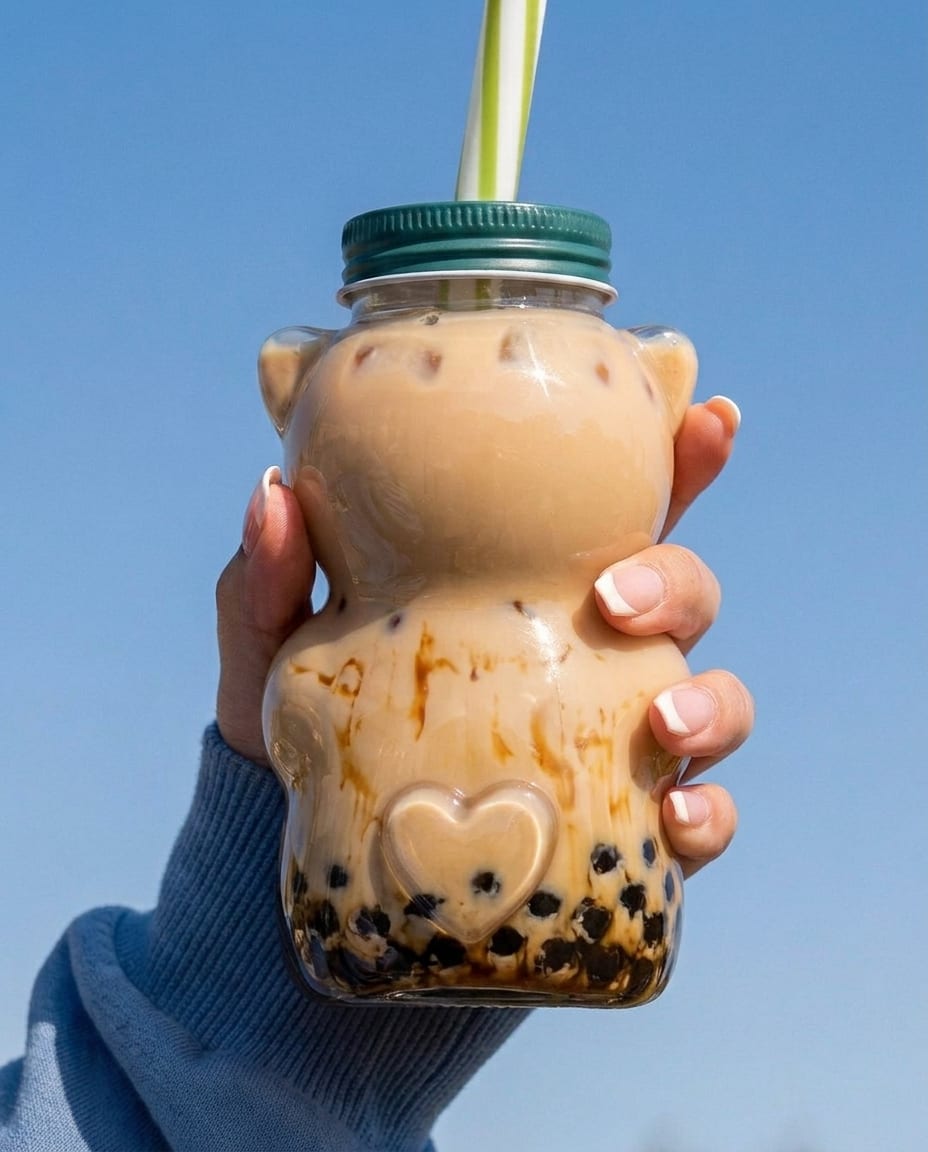 Back view of the Kawaii Cat Jar held against a blue sky, showing the raised heart embossed on the jar's belly surrounded by dark boba pearls settled in brown-sugar milk tea