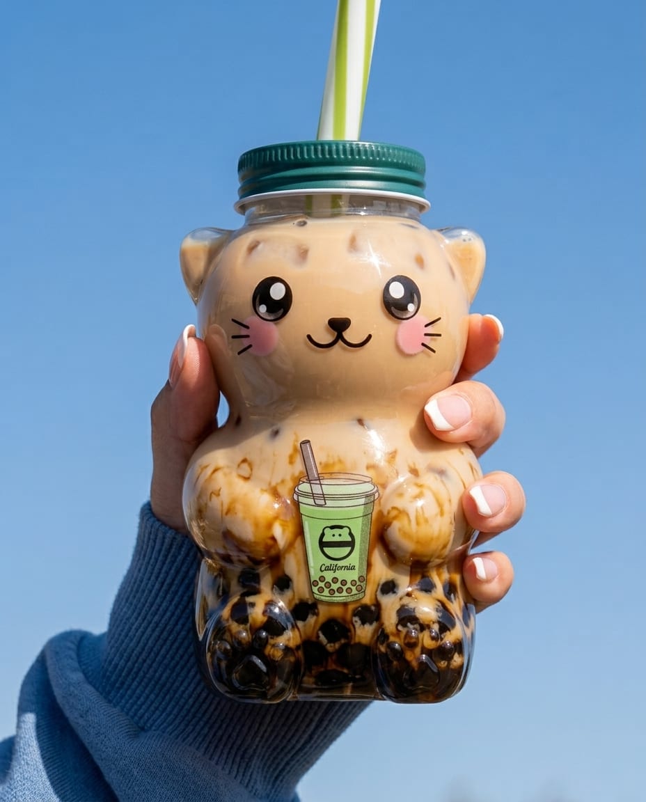 A hand holding the cat-shaped glass Kawaii Cat Jar against a clear blue sky; its printed kitten face and green screw lid sit above a body of brown-sugar milk tea layered with dark boba pearls, a green-and-white striped straw on top