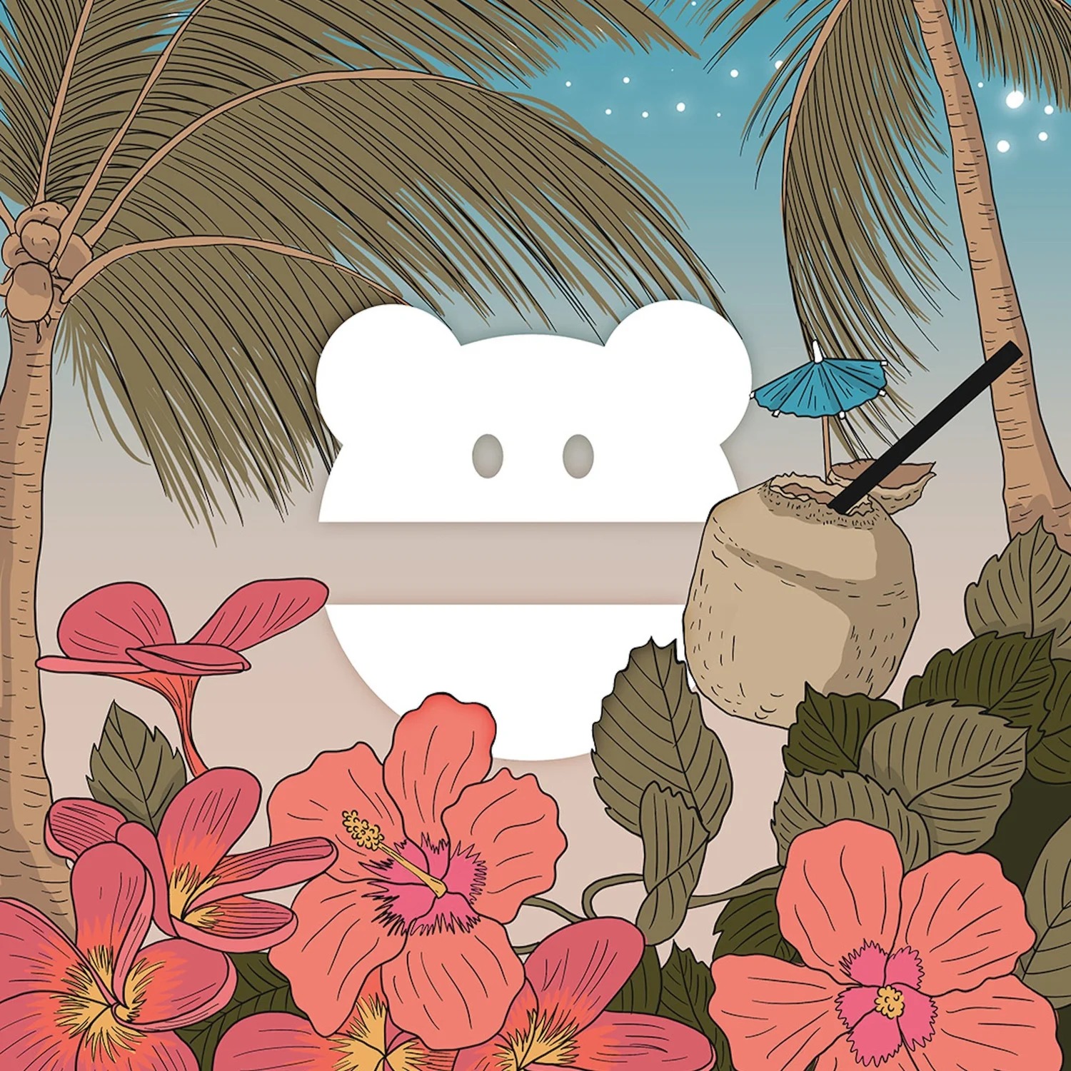 Illustrated lofi album cover: white monster logo over a beach sunset with a coconut drink with umbrella and straw, hibiscus and plumeria flowers, palm trees, and a starry sky